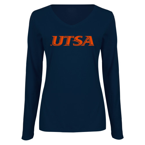  Womens Navy Long Sleeve V Neck Tee - UTSA