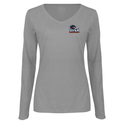  Womens Grey Long Sleeve V Neck Tee  - UTSA Primary Mark