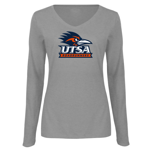  Womens Grey Long Sleeve V Neck Tee  - UTSA Primary Mark