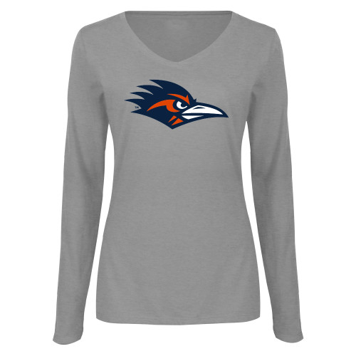  Womens Grey Long Sleeve V Neck Tee  - UTSA Roadrunner Head