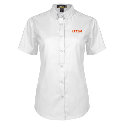 UTSA Womens White Twill Button Up Short Slee