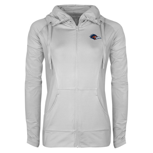  Womens White Sport Wick Stretch Full Zip Jacket - UTSA Roadrunner Head EMB