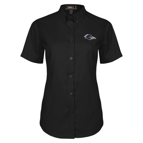  Womens Black Twill Button Up Short Sleeve - UTSA Roadrunner Head EMB