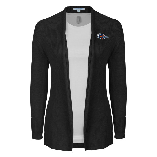  Womens Black Open Front Cardigan Sweater - UTSA Roadrunner Head EMB