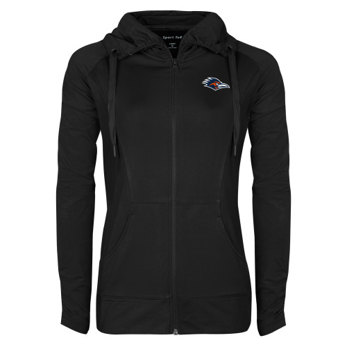  Womens Black Sport Wick Stretch Full Zip Jacket - UTSA Roadrunner Head EMB