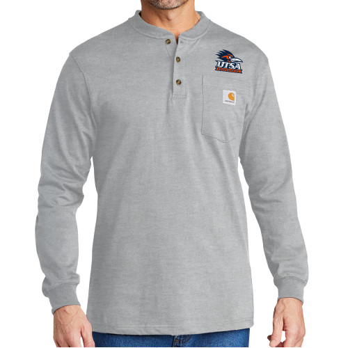  Carhartt Heather Grey Long Sleeve Henley Shirt - UTSA Primary Mark EMB