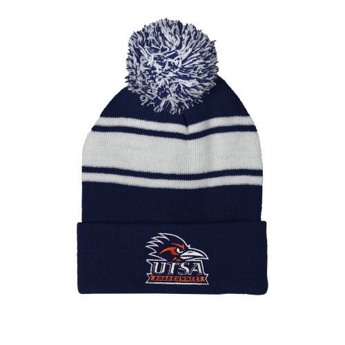  Navy/White Two Tone Knit Pom Beanie w/Cuff - UTSA Primary Mark EMB