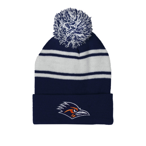  Navy/White Two Tone Knit Pom Beanie w/Cuff - UTSA Roadrunner Head EMB