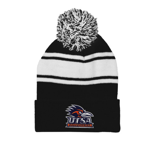  Black/White Two Tone Knit Pom Beanie w/Cuff - UTSA Primary Mark EMB