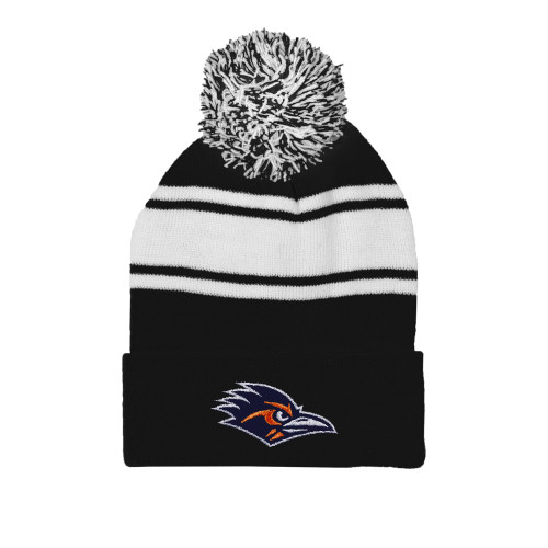  Black/White Two Tone Knit Pom Beanie w/Cuff - UTSA Roadrunner Head EMB