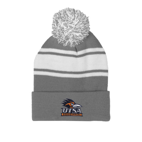  Grey/White Two Tone Knit Pom Beanie w/Cuff - UTSA Primary Mark EMB