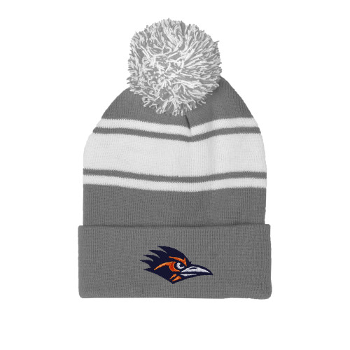  Grey/White Two Tone Knit Pom Beanie w/Cuff - UTSA Roadrunner Head EMB