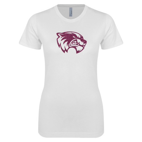  Next Level Womens White Boyfriend Tee - Wolverine Glitter Pink