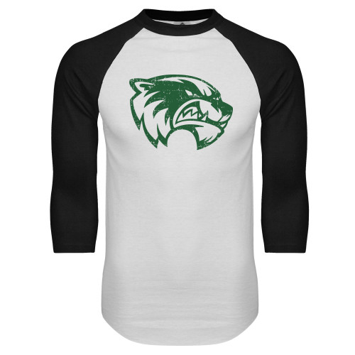  White/Black Raglan Baseball T Shirt - Wolverine Logo Distressed