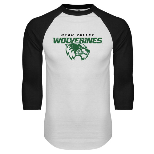  White/Black Raglan Baseball T Shirt - UVU Wolverines Distressed