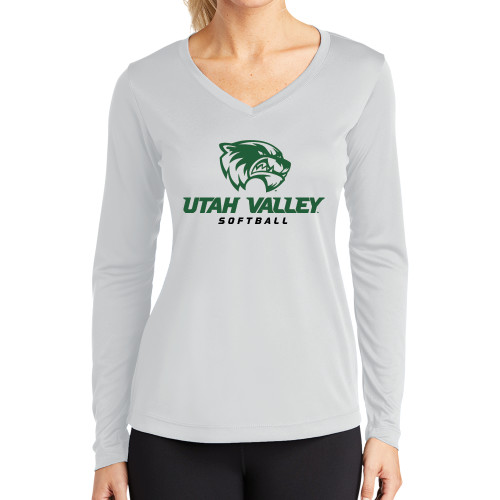  Womens White Performance Long Sleeve V Neck Shirt - Softball