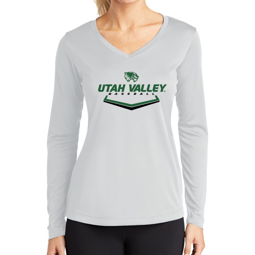  Womens White Performance Long Sleeve V Neck Shirt - Wolverines Baseball