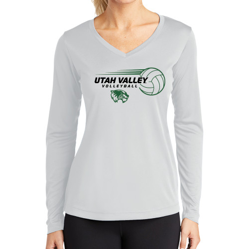  Womens White Performance Long Sleeve V Neck Shirt - Wolverine Volleyball