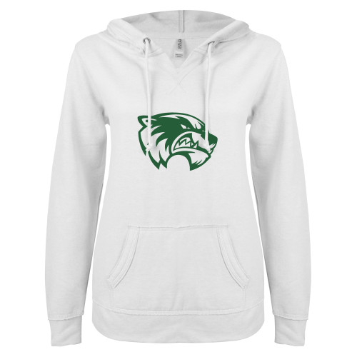  ENZA Womens White V Notch Raw Edge Fleece Hoodie - Primary Logo