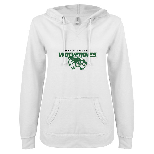  ENZA Womens White V Notch Raw Edge Fleece Hoodie - Secondary Logo
