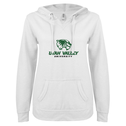  ENZA Womens White V Notch Raw Edge Fleece Hoodie - Utah Valley University