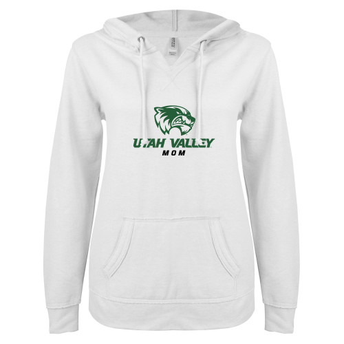  ENZA Womens White V Notch Raw Edge Fleece Hoodie - Mom