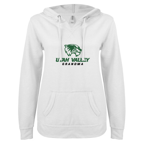  ENZA Womens White V Notch Raw Edge Fleece Hoodie - Grandma