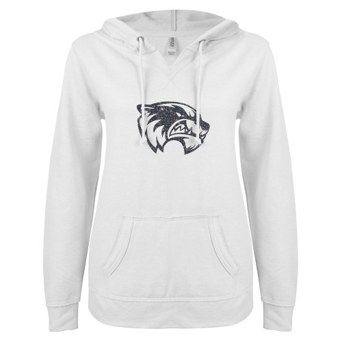  ENZA Womens White V Notch Raw Edge Fleece Hoodie - Wolverine Glitter Graphite Soft