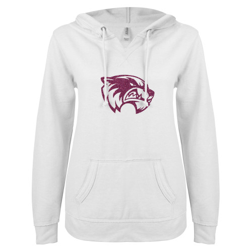  ENZA Womens White V Notch Raw Edge Fleece Hoodie - Wolverine Glitter Pink
