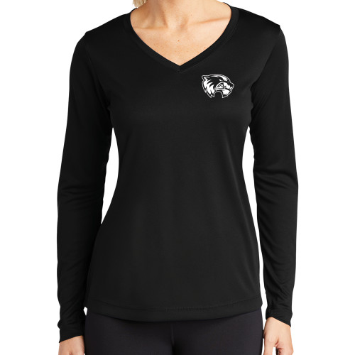  Womens Black Performance Long Sleeve V Neck Shirt - Primary Logo