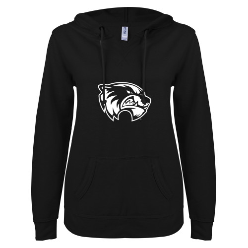  ENZA Womens Black V Notch Raw Edge Fleece Hoodie - Primary Logo