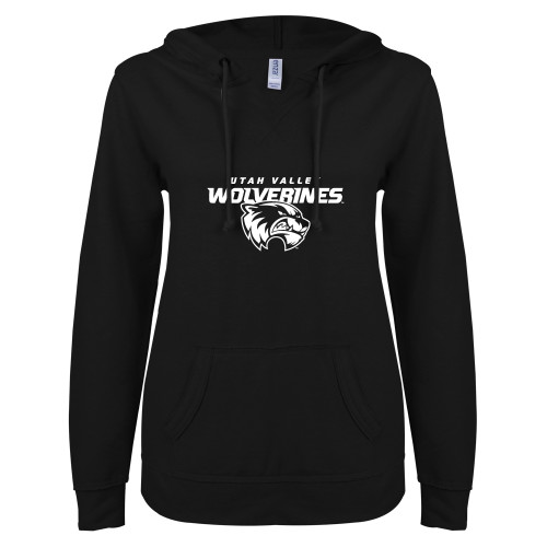  ENZA Womens Black V Notch Raw Edge Fleece Hoodie - Secondary Logo