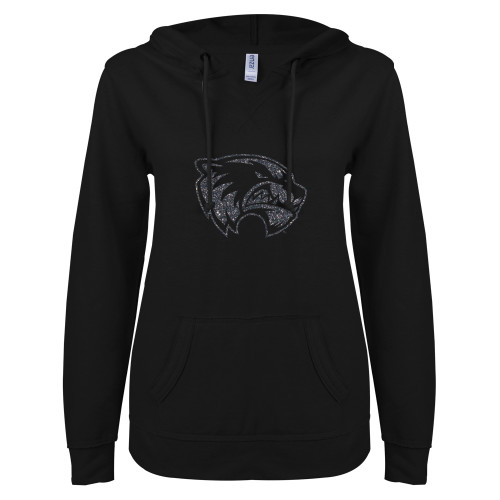  ENZA Womens Black V Notch Raw Edge Fleece Hoodie - Wolverine Glitter Graphite Soft