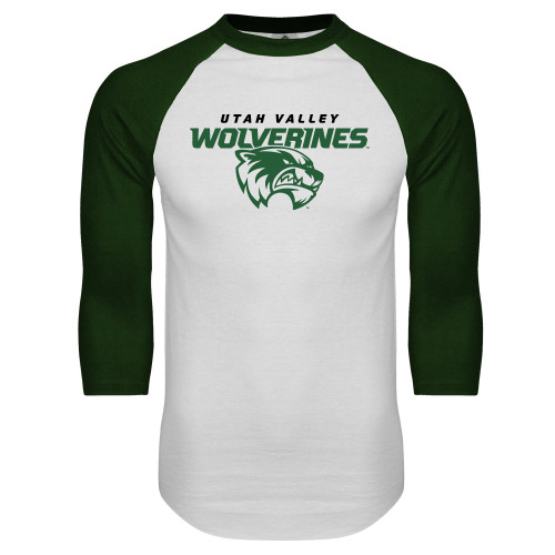  White/Dark Green Raglan Baseball T Shirt - Secondary Logo