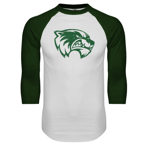  White/Dark Green Raglan Baseball T Shirt - Wolverine Logo Distressed
