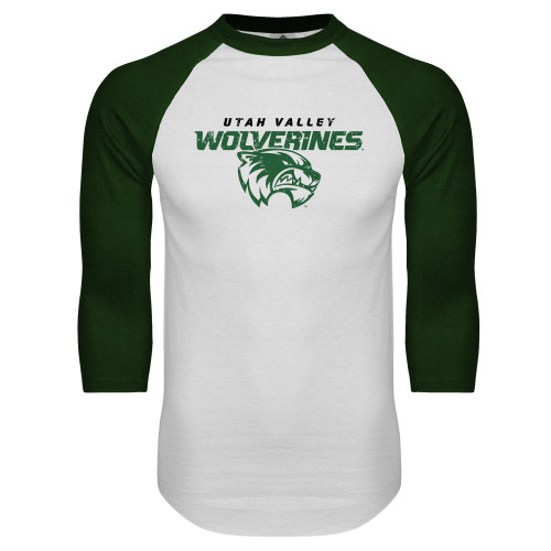  White/Dark Green Raglan Baseball T Shirt - UVU Wolverines Distressed