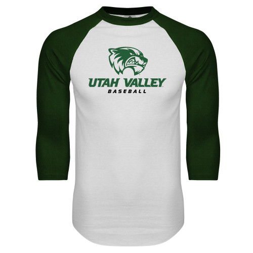  White/Dark Green Raglan Baseball T Shirt - Baseball