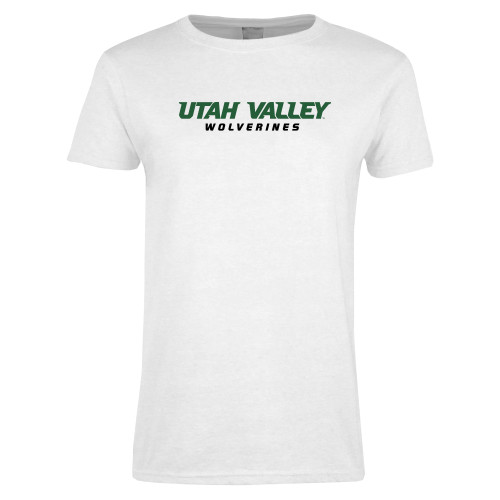  Womens White Short Sleeve Tee - Utah Valley Word Mark