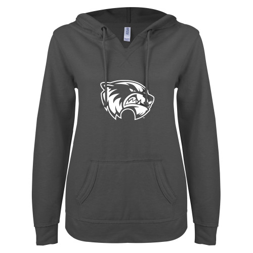 ENZA Womens Dark Heather V Notch Raw Edge Fleece Hoodie - Primary Logo