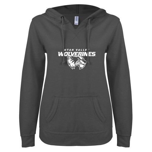 ENZA Womens Dark Heather V Notch Raw Edge Fleece Hoodie - Secondary Logo