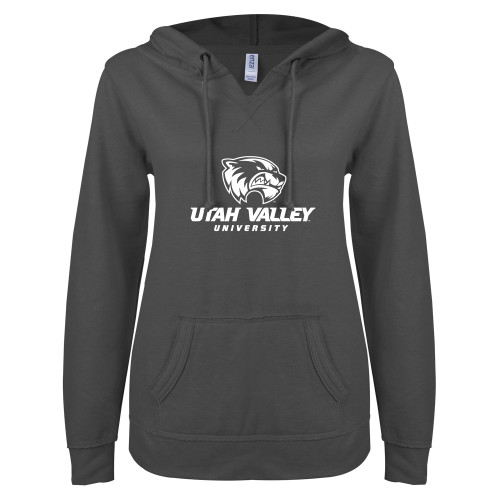  ENZA Womens Dark Heather V Notch Raw Edge Fleece Hoodie - Utah Valley University