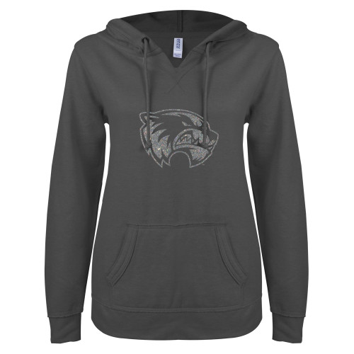  ENZA Womens Dark Heather V Notch Raw Edge Fleece Hoodie - Wolverine Glitter Silver Soft