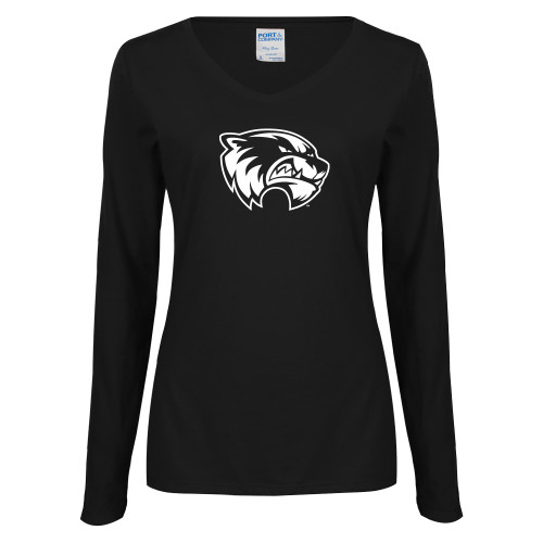  Womens Black Long Sleeve V Neck Tee  - Primary Logo
