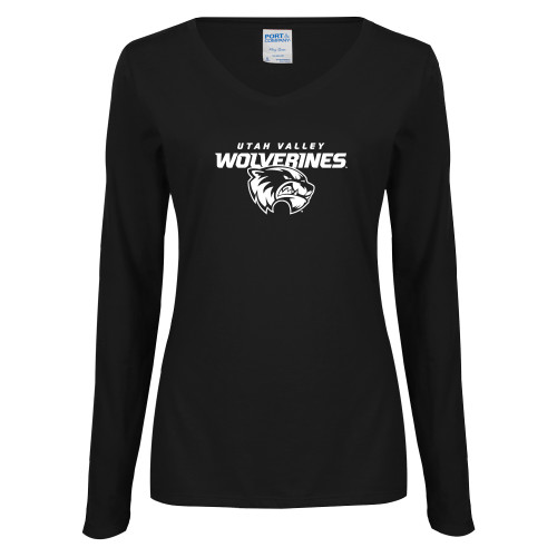  Womens Black Long Sleeve V Neck Tee  - Secondary Logo