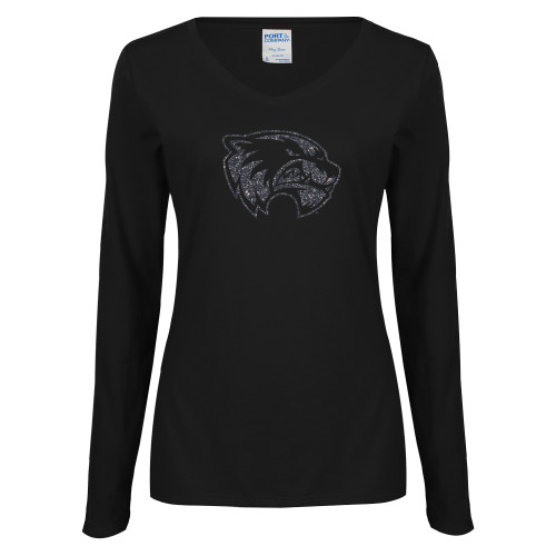  Womens Black Long Sleeve V Neck Tee  - Wolverine Glitter Graphite Soft