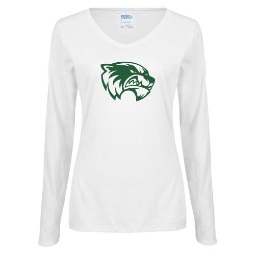  Womens White Long Sleeve V Neck Tee - Primary Logo