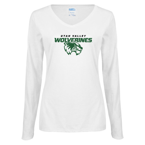  Womens White Long Sleeve V Neck Tee - Secondary Logo