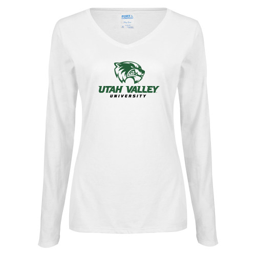  Womens White Long Sleeve V Neck Tee - Utah Valley University