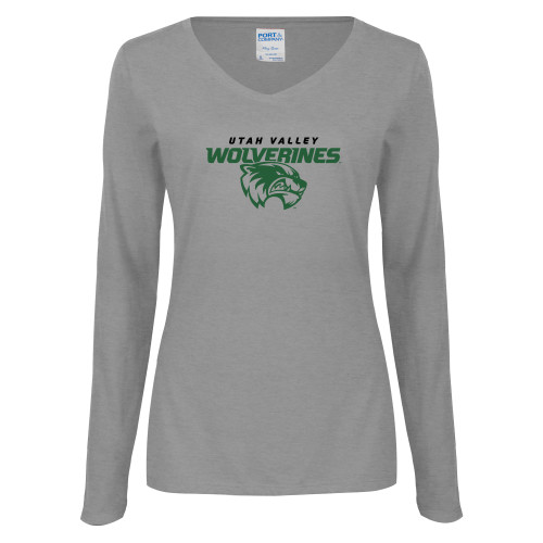  Womens Grey Long Sleeve V Neck Tee  - Secondary Logo
