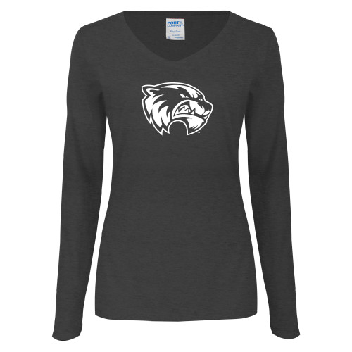 Womens Dark Heather Long Sleeve V Neck Tee  - Primary Logo